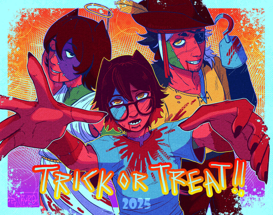 Colorful illustration of three original characters